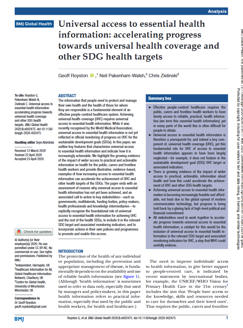 Universal access to essential health information: accelerating progress towards universal health coverage and other SDG health targets