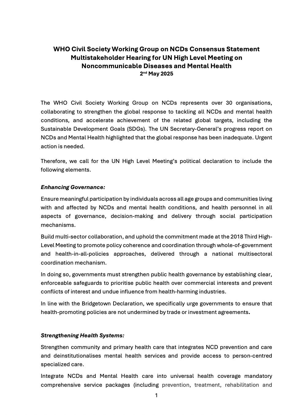 <!-- THEME DEBUG -->
<!-- THEME HOOK: 'field' -->
<!-- FILE NAME SUGGESTIONS:
   ▪️ field--node--title--pin.html.twig
   ✅ field--node--title.html.twig
   ▪️ field--node--pin.html.twig
   ▪️ field--title.html.twig
   ▪️ field--string.html.twig
   ▪️ field.html.twig
-->
<!-- 💡 BEGIN CUSTOM TEMPLATE OUTPUT from 'themes/custom/whokap/templates/field/field--node--title.html.twig' -->
WHO Civil Society Working Group on NCDs Consensus Statement at the Multistakeholder Hearing for the Fourth UN High-level Meeting on Noncommunicable Diseases and Mental Health, 2 May 2025
<!-- END CUSTOM TEMPLATE OUTPUT from 'themes/custom/whokap/templates/field/field--node--title.html.twig' -->