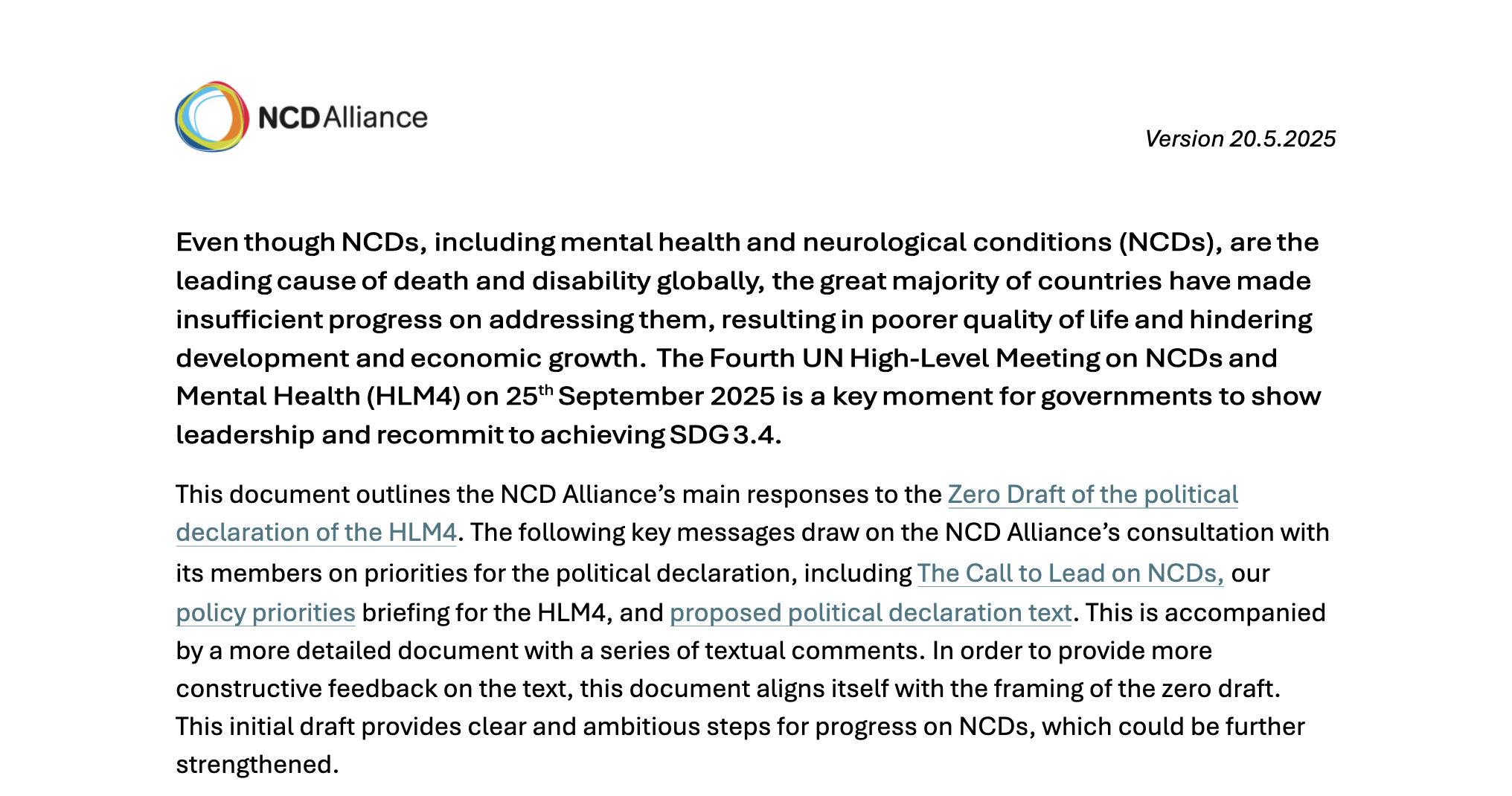 NCD Alliance Response to the Zero Draft 2025 Political Declaration on NCDs and Mental Health