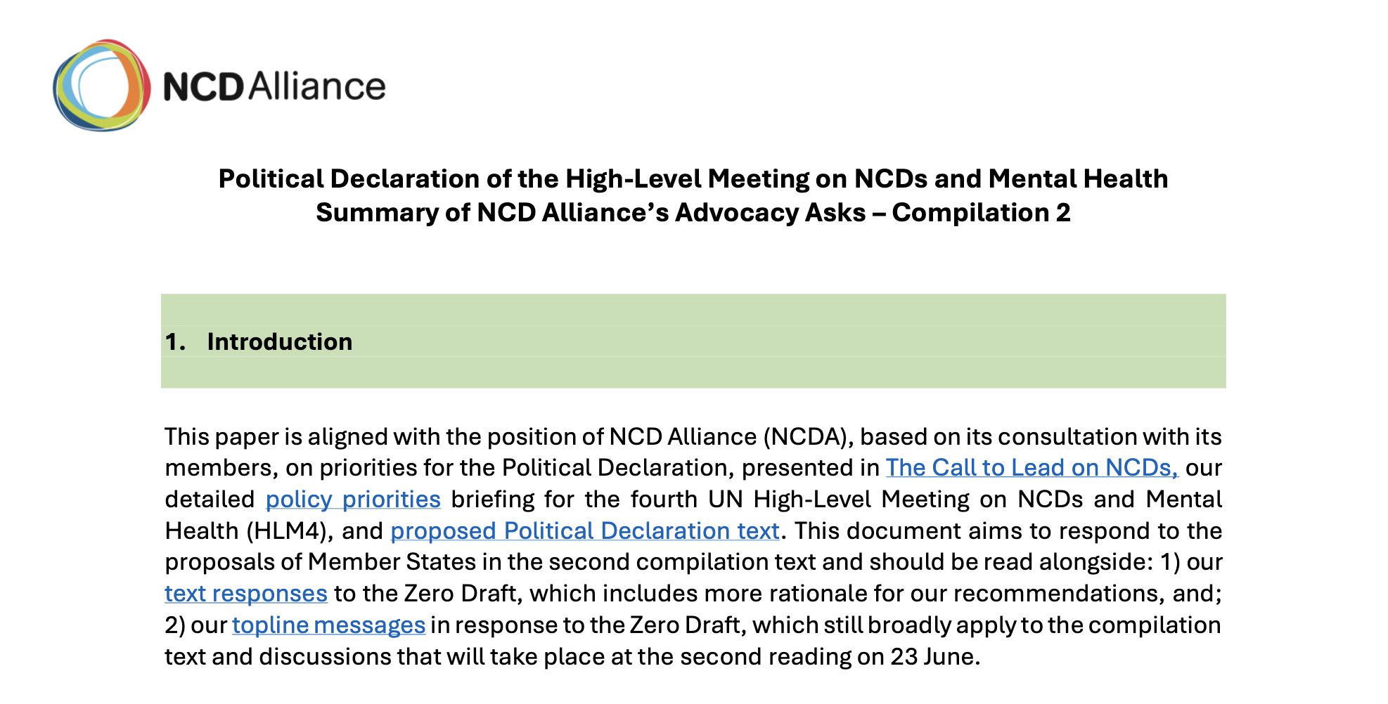 HLM4 Political Declaration Summary of NCD Alliance’s Advocacy Asks – Compilation 2