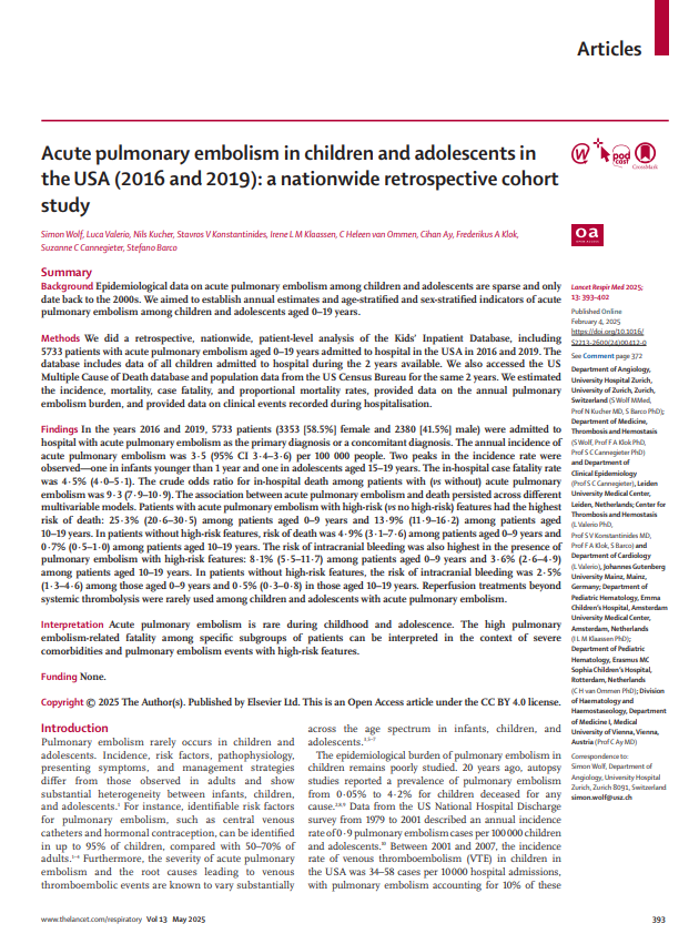 Acute pulmonary embolism in children and adolescents in the USA (2016 and 2019): a nationwide retrospective cohort study