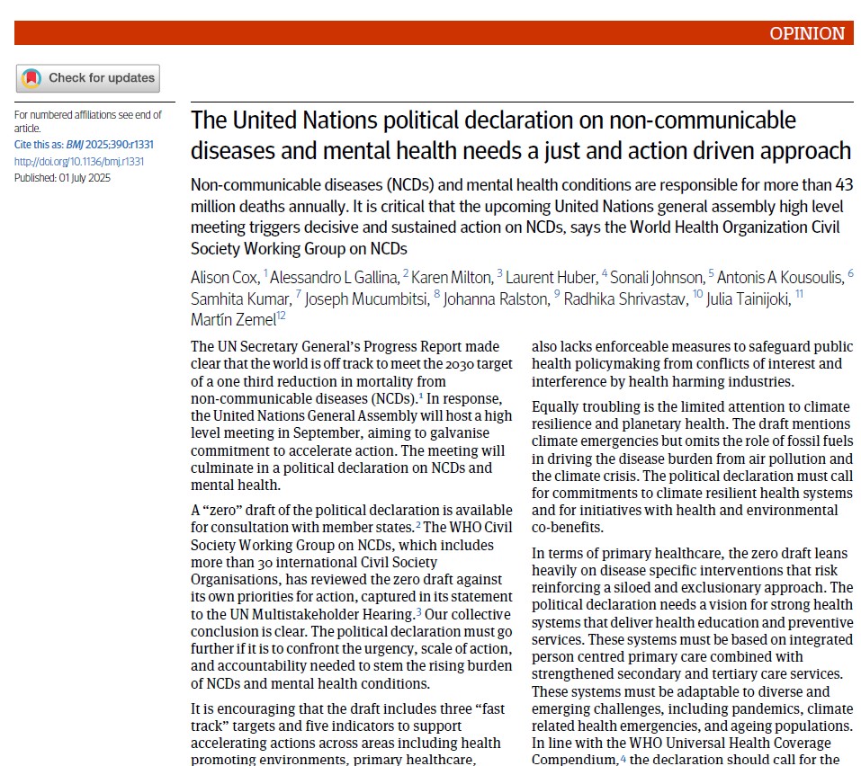 The United Nations political declaration on non-communicable diseases and mental health needs a just and action driven approach