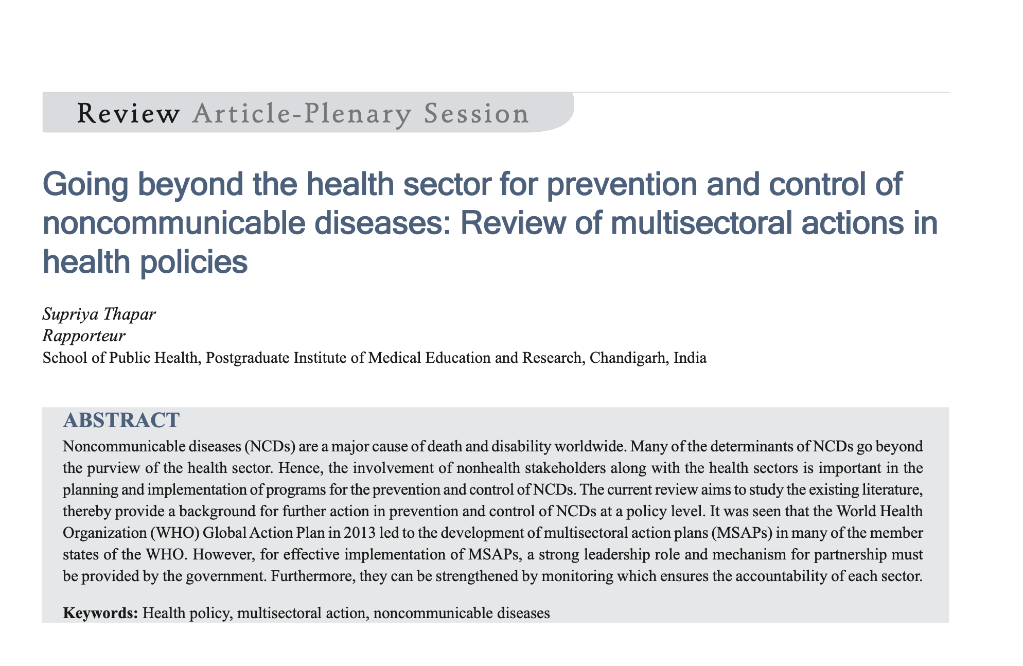 Going beyond the health sector for prevention and control of noncommunicable diseases Review of multisectoral actions in health policies